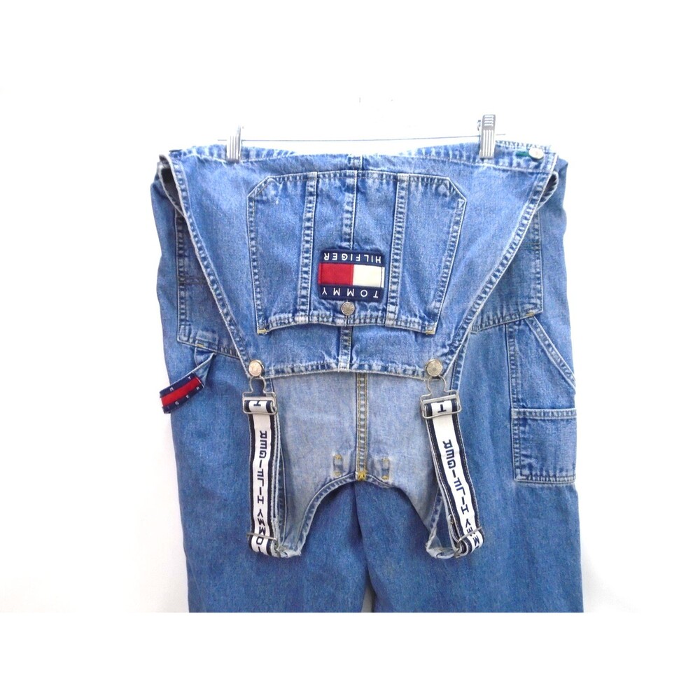 Vintage 90s Tommy Hilfiger Denim Overalls Spellout Strap Size M Made Hong Kong